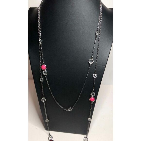 1444 Express black faceted clear & Coral stations layered long necklace 25" - Picture 1 of 2